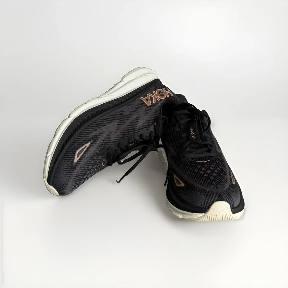 HOKA Clifton 9 Wide Women's 9.5D Black Rose Gold Running Shoes 1132211